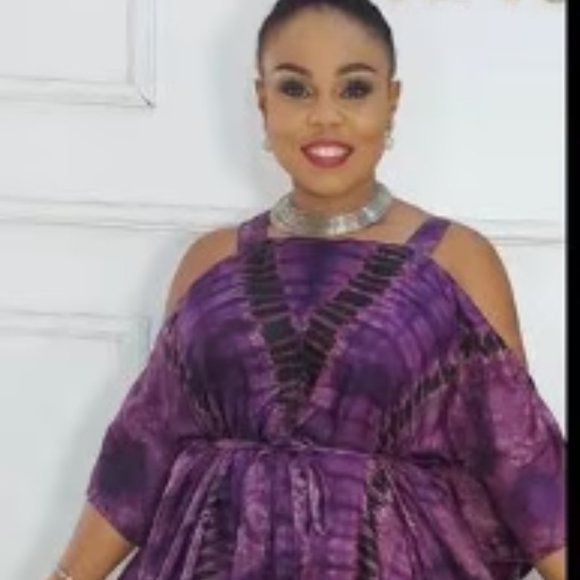 Belted Cold shoulder silk Adire Boubou dress - One size - Ready to ship - Picture 2 of 4